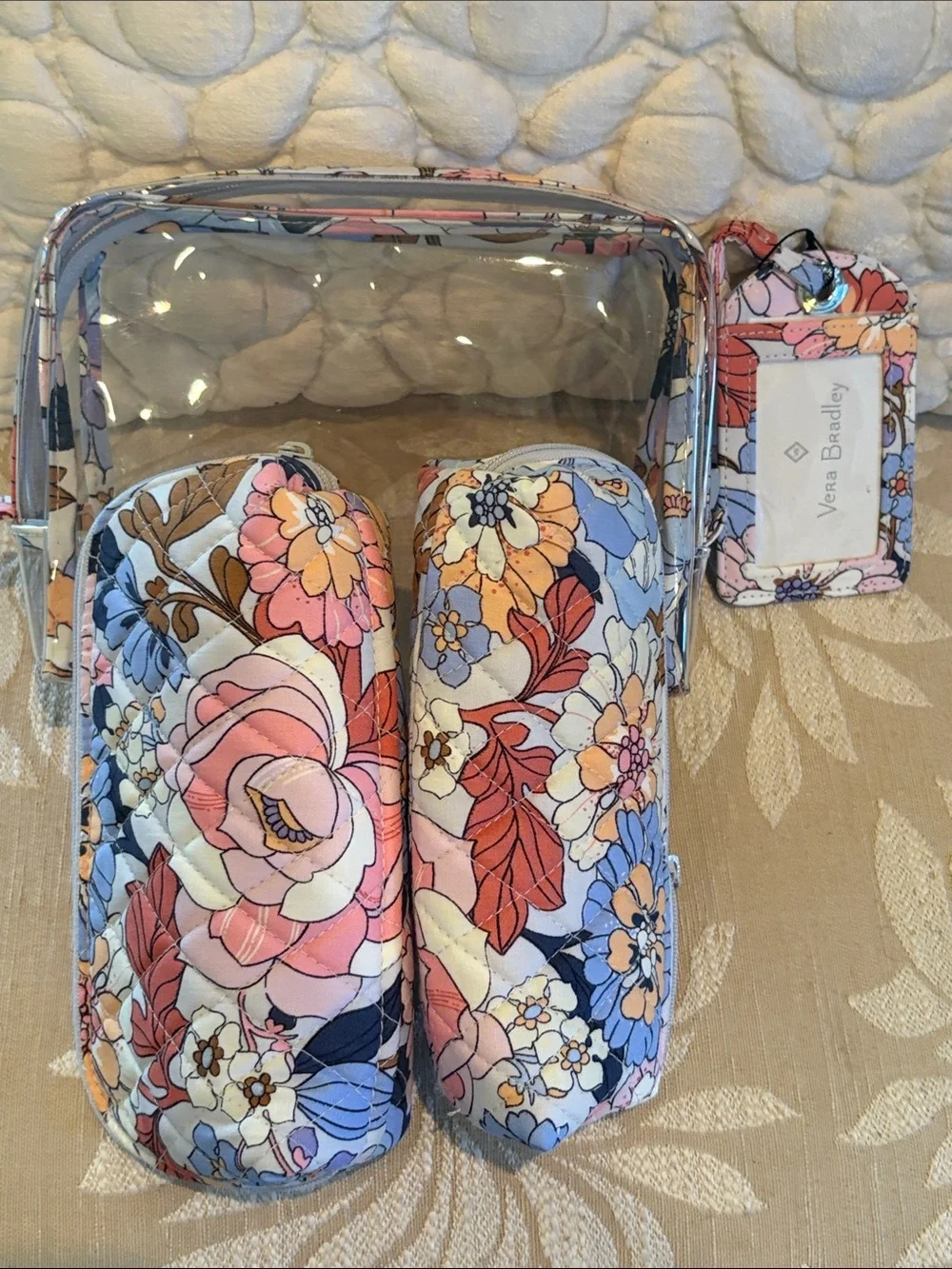 Vera Bradley Floral Quilted Travel set. Two cosmetic cases and one luggage tag.
